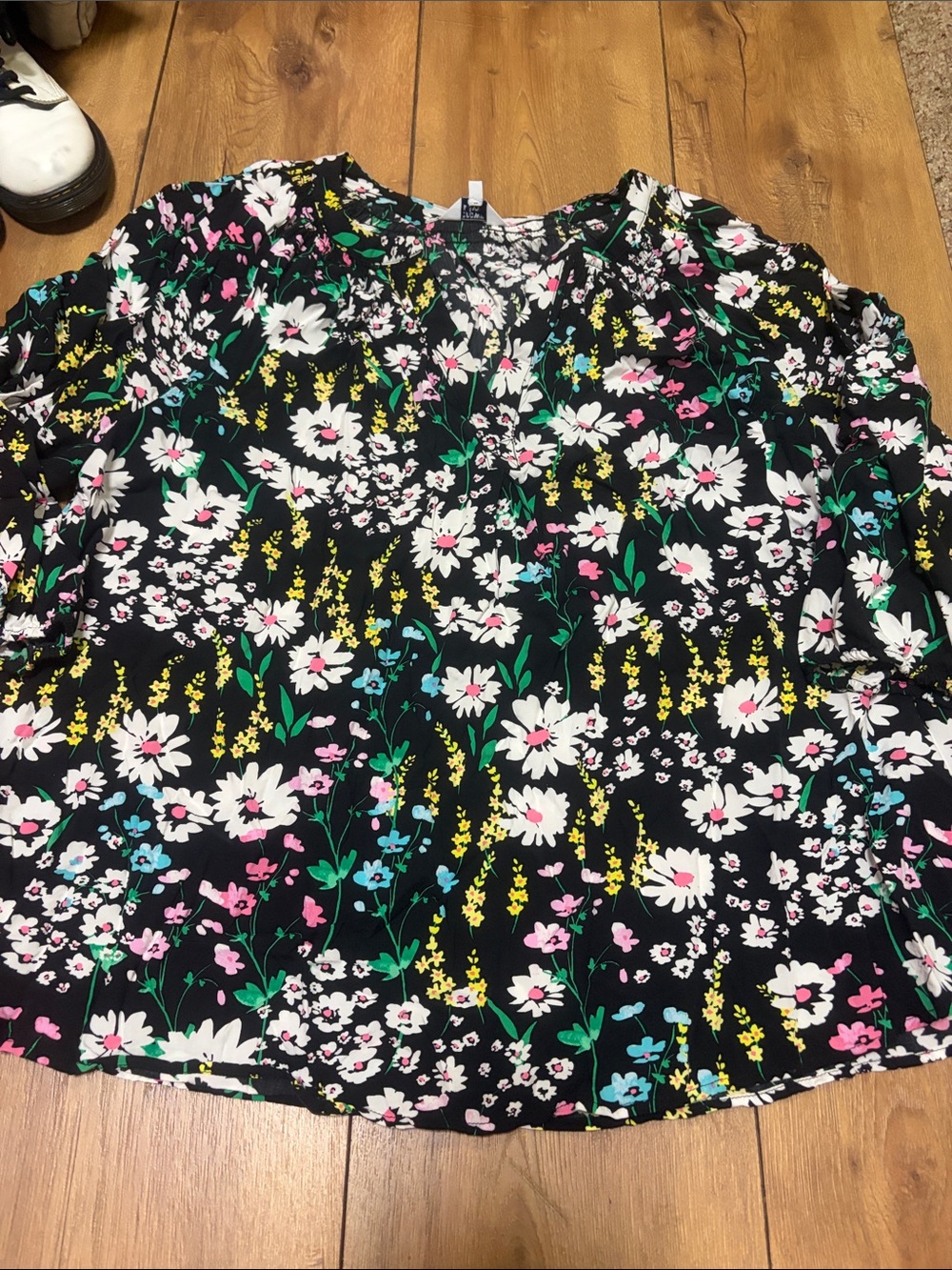 crown & ivy Black Floral V-Neck Blouse with White, Pink, Yellow & Green Accents